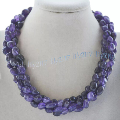 4 Rows 8-10mm Purple Amethyst Irregular Freeform Gemstone Beads Necklace 18''