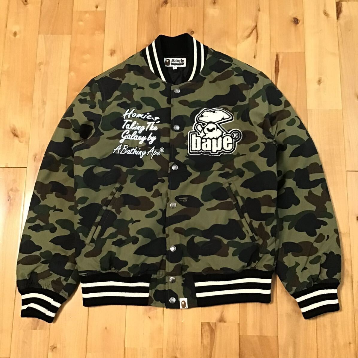 美品　APE ABC MILO CAMO スタジャン L jacket BAPE Baby milo ABC camo blue Sweat varsity jacket bomber A