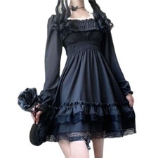 Women Retro Gothic Lolita Cute Dress Girl Ruffle Black Puff Sleeve Dress Cosplay