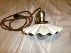 ANTIQUE HANGING WORK LIGHT W/ BULB & WHITE MILK GLASS PETTICOAT RUFFLED SHADE !!