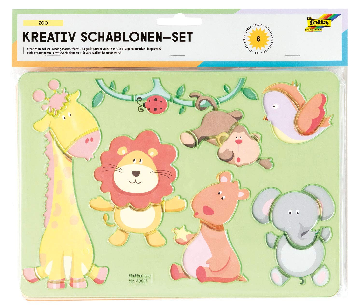 Folia 40611 Creative Zoo, 6 Stencils Templates, for Painting Different Animals,