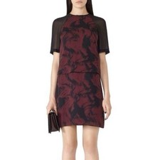 REISS Burgundy Red Black Print Tiered Embellished Dawn Shift Dress Size 6