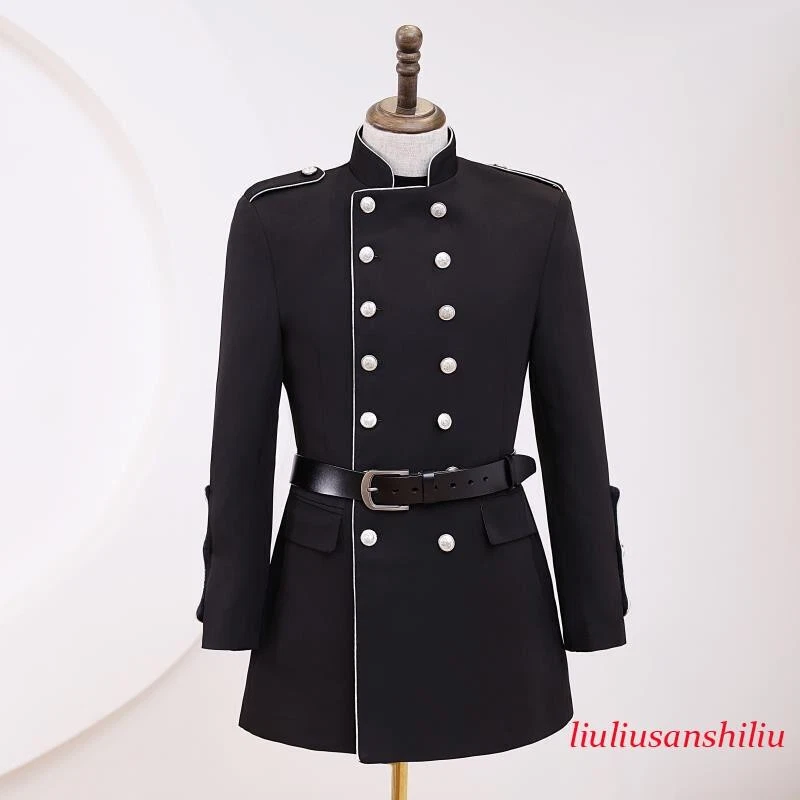 Men's Stand Collar Mid Length Coat Double Breasted Jacket Slim Fit Formal Retro