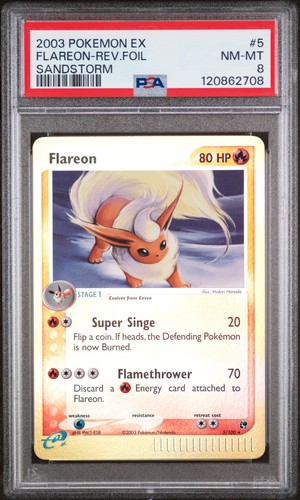 2003 POKEMON EX SANDSTORM #5 FLAREON-REVERSE FOIL PSA 8