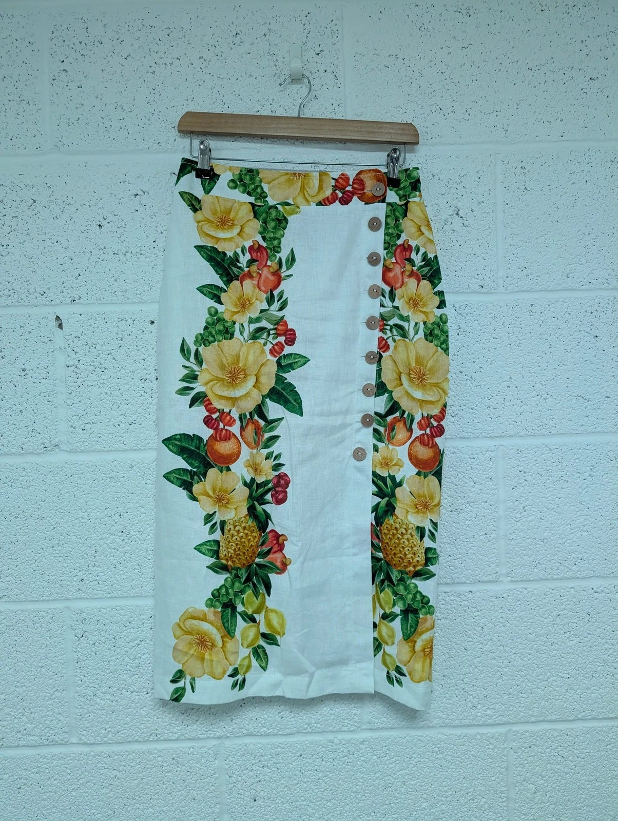 Farm Rio Floral Midi Skirt 100% Linen Button Front White Yellow Green Size S