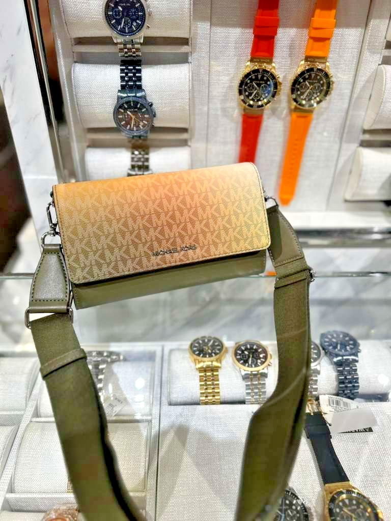 Michael Kors Jet Set Women Large MK Logo Zip Wallet Crossbody Bag Olive  Multi