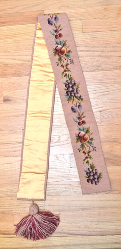 Hand Stitched Needlepoint Bell Pull Wall Hanging Fruit Floral 69" x 4-7/8" VTG