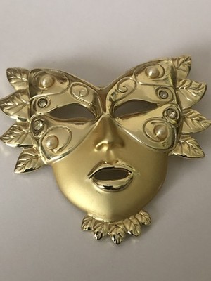 Vintage 1990s Mardi Gras Mask Rhinestone & Pearl Accents Gold Tone Pin Brooch