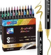 24 Colors Metallic Acrylic Marker Art Pens Set - Dual Tip Brush & Fine Paint