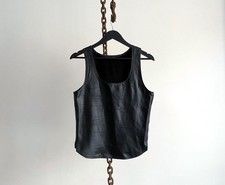 Vintage Black Leather Scoop Neck Sleeveless Tank Top with Side Zip Unlined