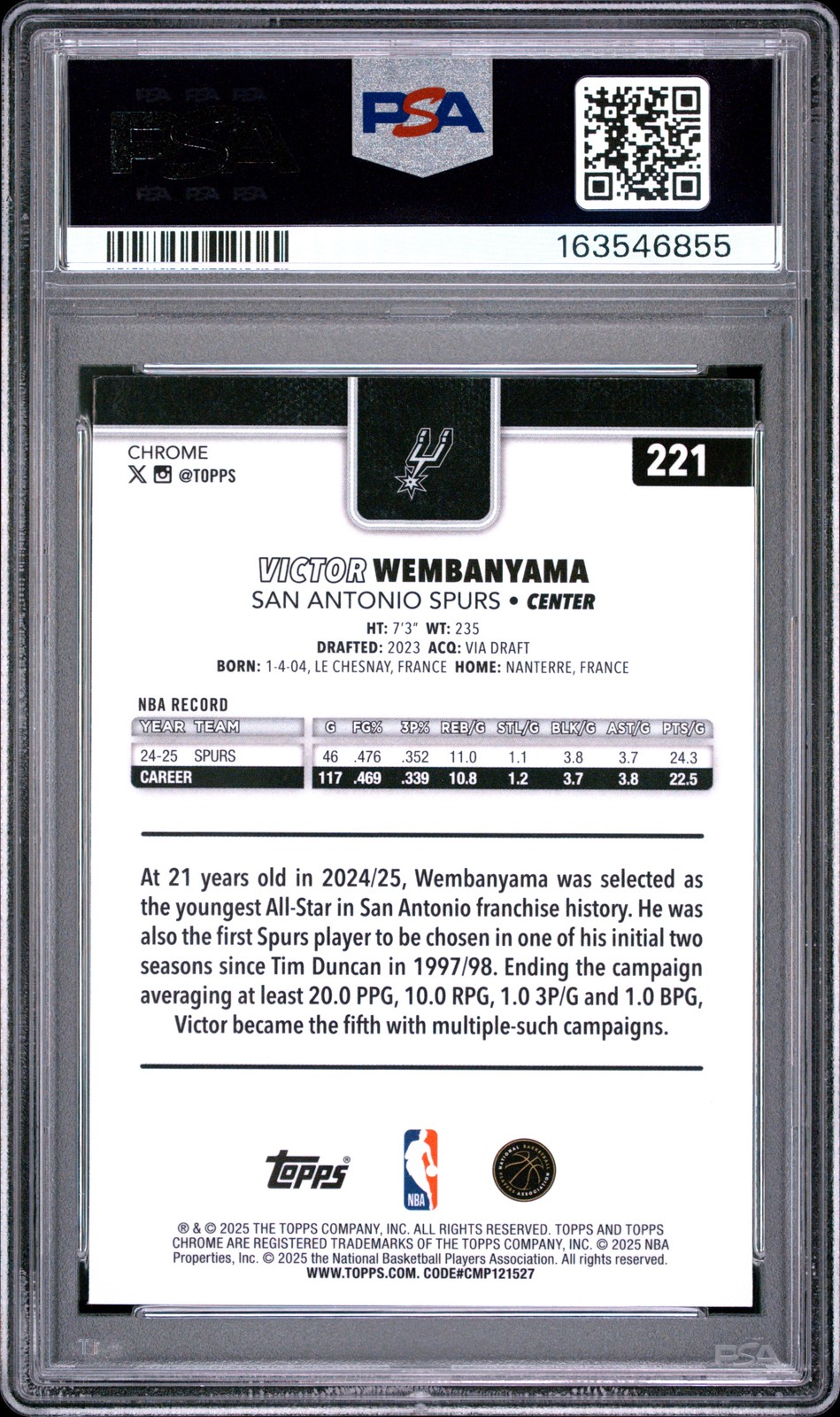 2025 TOPPS CHROME BASKETBALL REFRACTOR #221 VICTOR WEMBANYAMA PSA 10 view 2