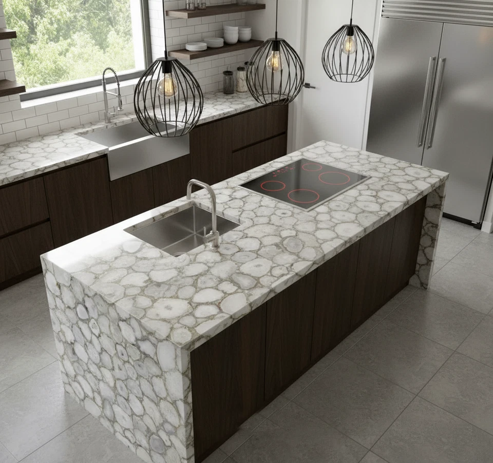 White Agate Modern Kitchen Island Top – Luxury Gemstone Countertop | Handcrafted - Image 2 of 4