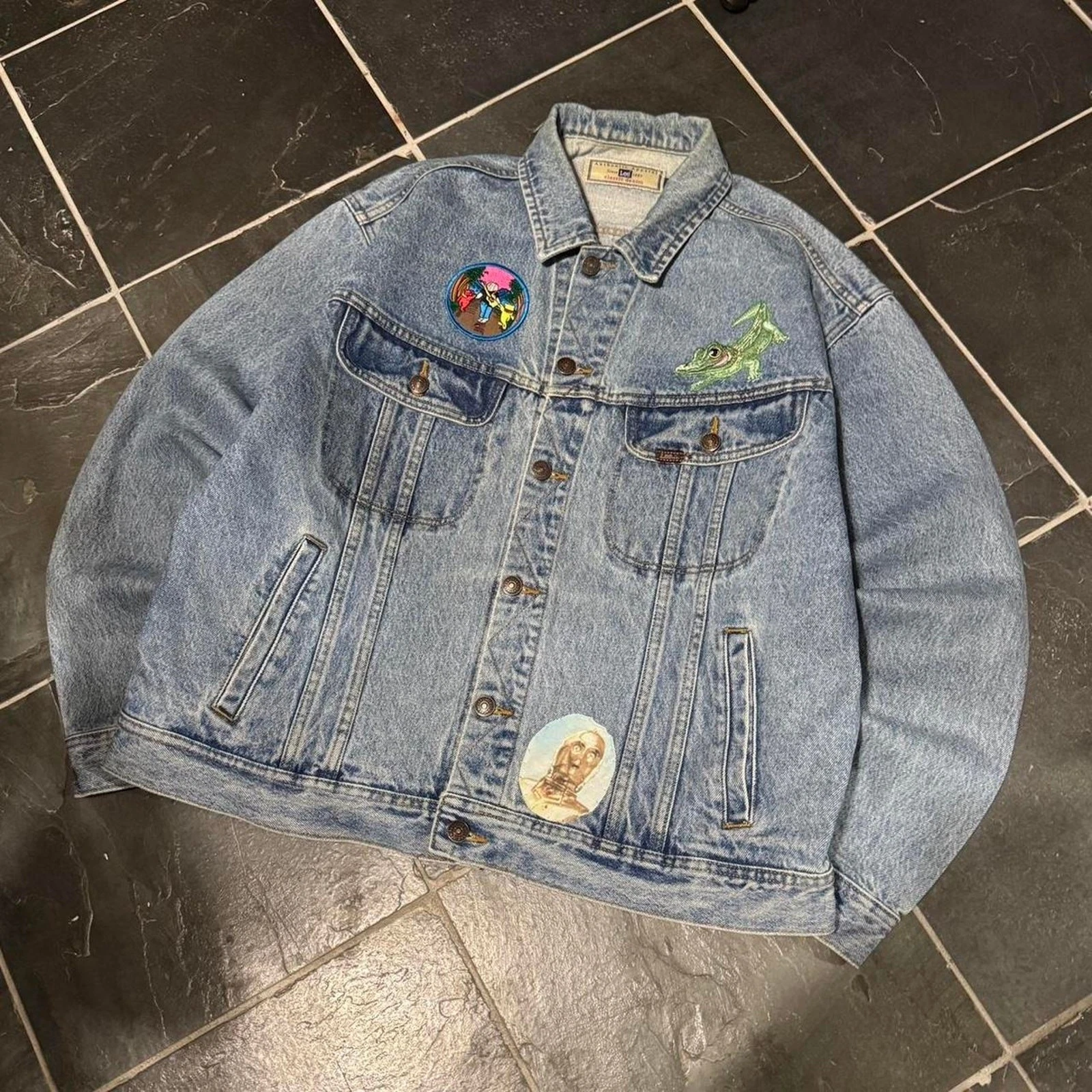 VTG 90s Lee Denim Jean Jacket With Unique Original Sewn in Patches - Large