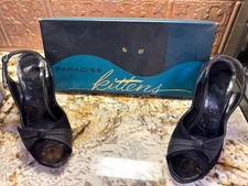 Ladies High Heel Shoes Paradise Kittens S9328 Black Peep Toe IN BOX Vtg 1950's