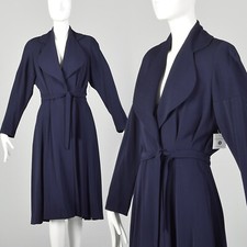 Xs 1950s Navy Blue Wool Garbadine Coat Princess Waist Tie Autumn Fall Overcoat