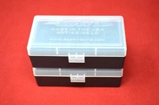 2 x BERRY'S PLASTIC AMMO BOX, CLEAR/BLACK 50 Round 44 SPL / 44 MAG / 45 LC