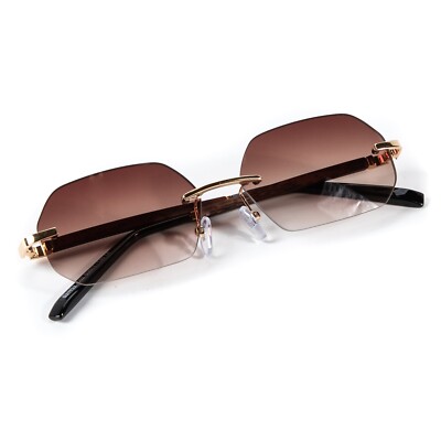 Brown Gradient Tint Vintage Gold Frame Woodgrain Shades Men's Hip Hop Sunglasses
