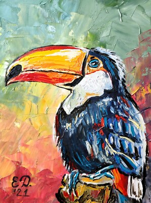 ORIGINAL PAINTING Bird Toucan Tropical Art Small Modern Hand Painted Art 8x6 in