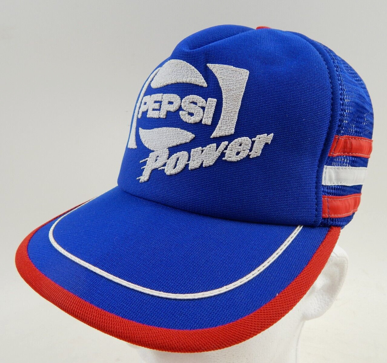 Rare VTG Pepsi Power Cola Three 3 Stripe Blue Snapback Foam Mesh Trucker Hat