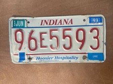 1993 Indiana License Plate Hoosier Hospitality # 96 E 5593 Lake County