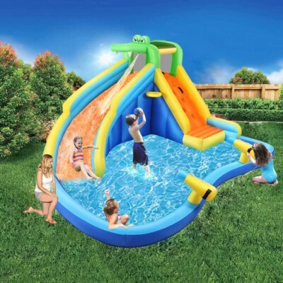 Kids Inflatable Bounce House Water Slide with Blower & Water Gun Outdoor/Indoor 