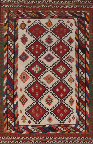 Geometric Vegetable Dye Ivory Kilim Tribal Hand-woven Reversible Area Rug 5x8