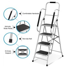 4 Step Ladder Folding Safety Stool Non Slip Tread Steel Foldable With Handrail