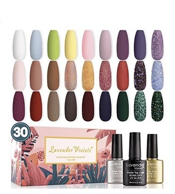 Lavender Violets Gel-Nail-Polish Kit of 27 Colors with Glossy Top Coat Matte Top