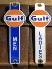 VINTAGE GULF RESTROOM MENS LADIES GASOLINE SET 10” PORCELAIN GAS OIL SIGN