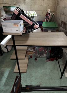 Light Wood Computer Desk w/ 2 Shelves, Black Metal Frame, Beige/Black