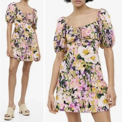 H&M Women’s Floral Cotton Pink Short Sleeve Spring Mini Dress Small | eBay