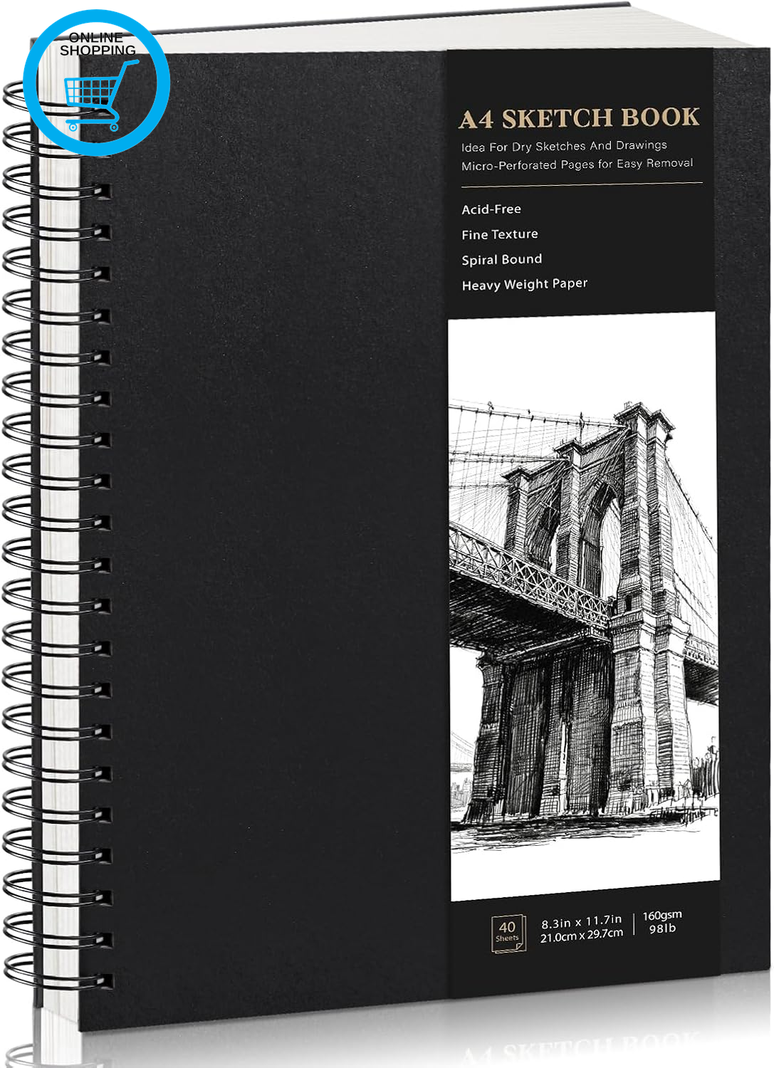 A4 Sketchbook Hardcover Spiral Bound, 160Gsm Thick Paper Drawing Pad, 40 Sheets/