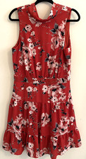 Elle Midi Dress Size L Red Floral Open Back Large Frilly Sleeveless EUC Feminine