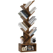 6 Tier Tree Bookshelf, Tall Bookcase, Wood Book Storage Rack with Drawer, Mod...