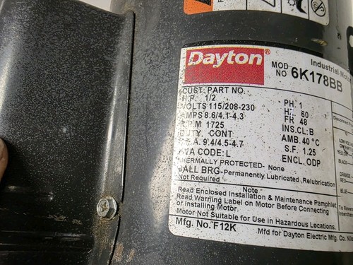 Dayton 6K178BB 1/2 HP 1 PH 1725 RPM 48 Fr. 115/230 V. Electric Motor Short Shaft - Picture 3 of 11