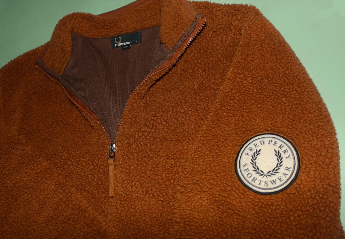 Fred Perry Brown vtg textured borg/sherpa fleece full-zip sweater jacket polo M image 1