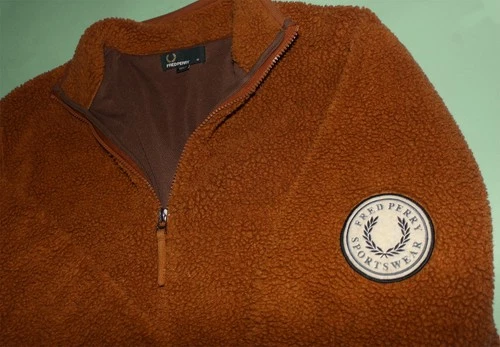 Fred Perry Brown vtg textured borg/sherpa fleece full-zip sweater jacket polo M - product listing photo