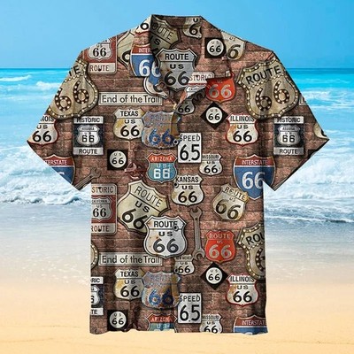 Route 66 On Brick Wall With Road Signs Hawaiian Shirt Tropical Hawaiian Shirt