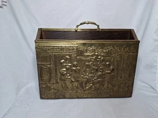 Vintage Embossed Brass & Wood Magazine Holder Medieval Themed - Made in England