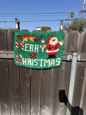 Vintage 70  s Latch Hook Rug Or Wall Hanging Merry Christmas With Santa Clause