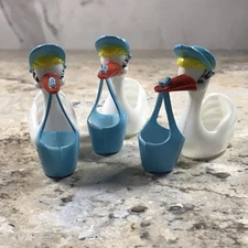 VINTAGE STORK BABY SHOWER PLASTIC CUPCAKE CAKE TOPPER DECORATIONS SET OF 3
