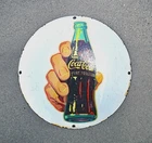 Coke Bottle Round White Convex Sign Coca Cola 1950s Vintage Porcelain Button 12"