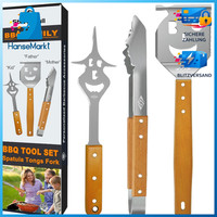 Grillbesteck-Set 3-Tlg Edelstahl Holzgriff Zange Wender Fleischgabel Bbq ZubehöR