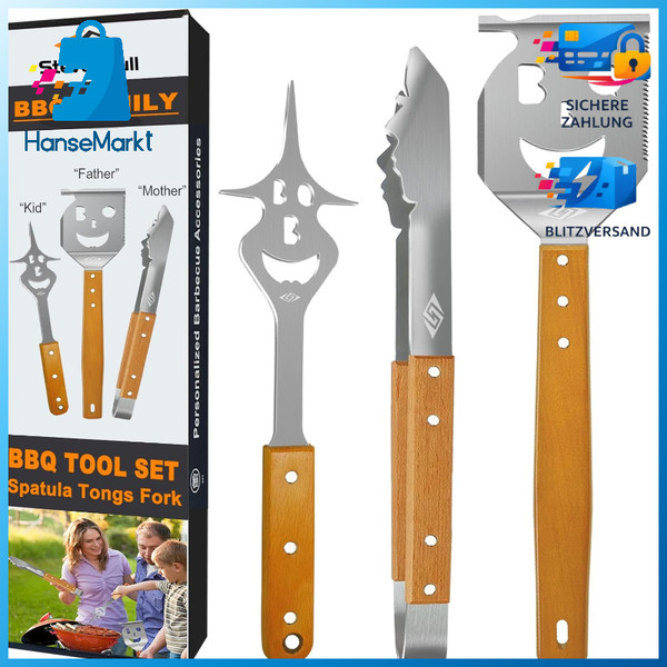 Grillbesteck-Set 3-Tlg Edelstahl Holzgriff Zange Wender Fleischgabel Bbq ZubehöR-image
