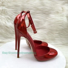 Women's Round Toe High Heels Pumps Ankle Strap Shoes Party Heel Red Lining Sexy