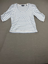 Veronica Beard Netto Stripe L Navy White Ruched Puff Sleeve Cotton Shirt Coastal