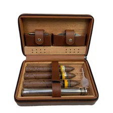 Brown Cigar Humidor Case Portable Cedar Wood Leather Travel Box 4 Count