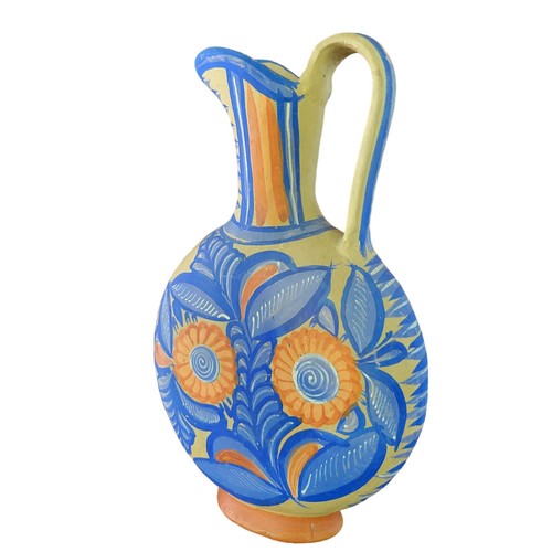 Vintage Mexican Tonala Unglazed Pottery Floral Vase Pitcher Hand Painted 12.5". - Picture 7 of 24