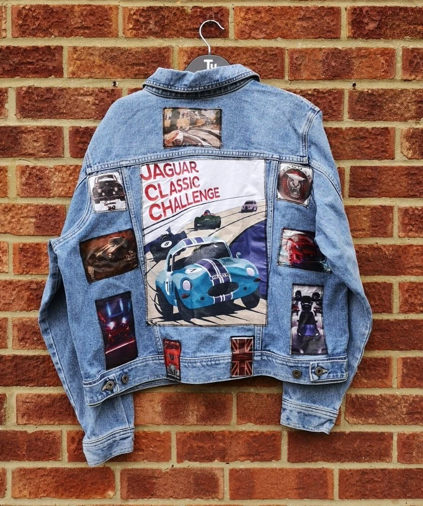 Vintage blue denim jacket Jaguar cars back print patches coat reworked