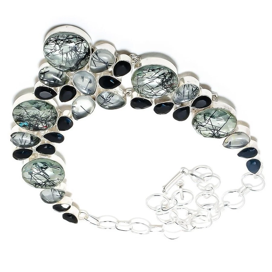 Collar de joyería hecho a mano de plata de ley 925 con piedras preciosas de cuarzo rutilado negro Foto 3 de 4